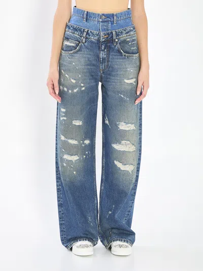 Dolce & Gabbana Women Blue Jeans With Layered Design And Distressed And Ripped Effect In Denim Woman In Blue