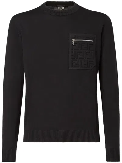 Fendi Regular Fit Wool Blend Pullover With Pockets In Black