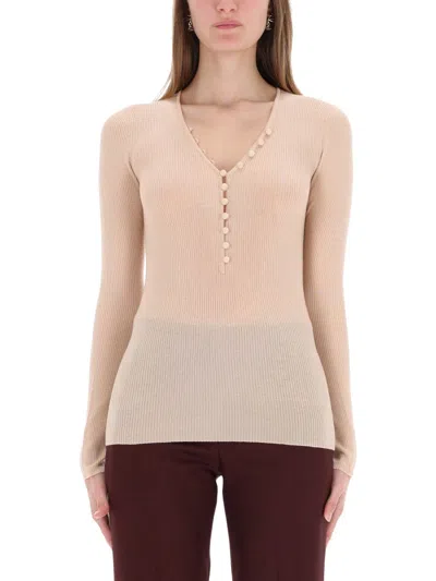 Chloé Henley Ribbed Button-front T-shirt In Pink