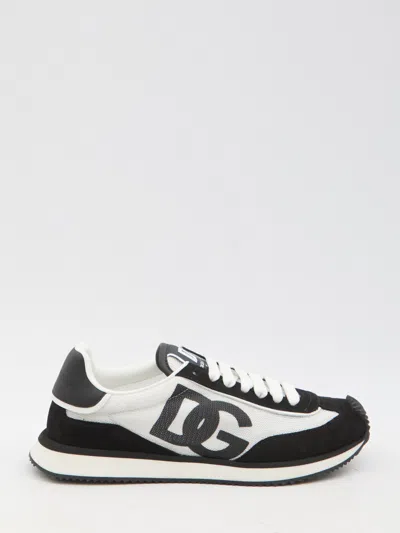 Dolce & Gabbana Aria White And Black Running Sneakers With Logo Detail In Suede And Tech Fabric Man In Black