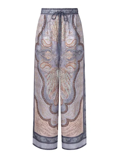 Zimmermann Wanderlust Multicolor Pants With Elastic Drawstring Waist And All-.over Print In Silk Woman In Blue