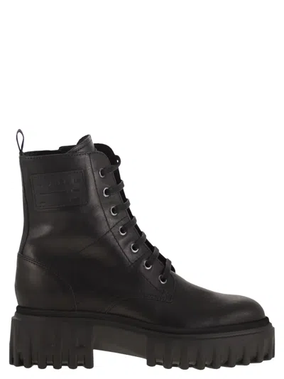 Hogan H700 Chunky Biker Boots In Leather In Black