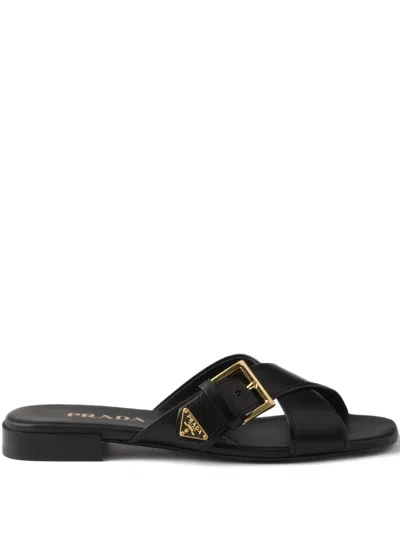 Prada Leather Crisscross Slides With Buckle In Multi
