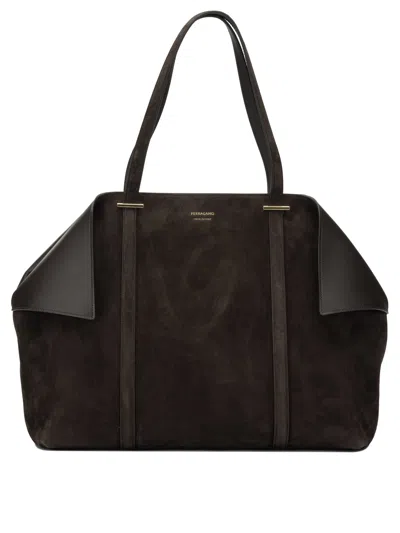 Ferragamo Women Brown Tote Bag With Folded Angles And Embossed Logo Lettering On The Front In Suede In Brown