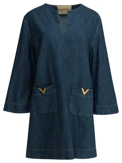 Valentino Vlogo Signature Mini Dress With V-neck And Pockets In Blue