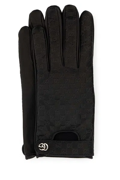Gucci Leather Gloves Monogram Pattern Snap Button In Black