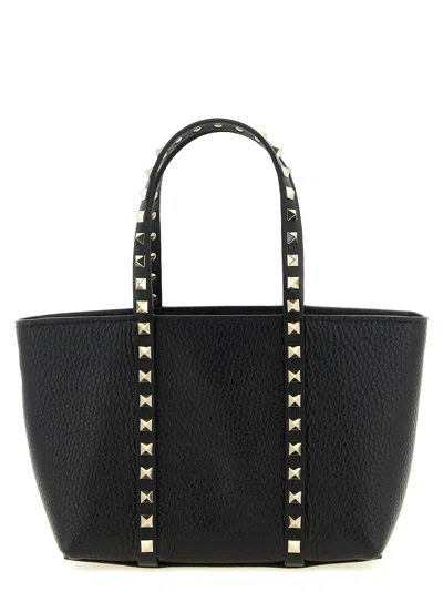 Valentino Rockstud Mini Tote In Hammered Leather In Black
