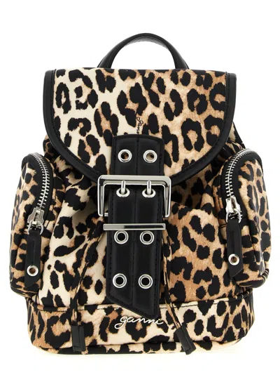 Ganni Mini Leopard Print Drawstring Backpack With Side Zip Pockets In Brown
