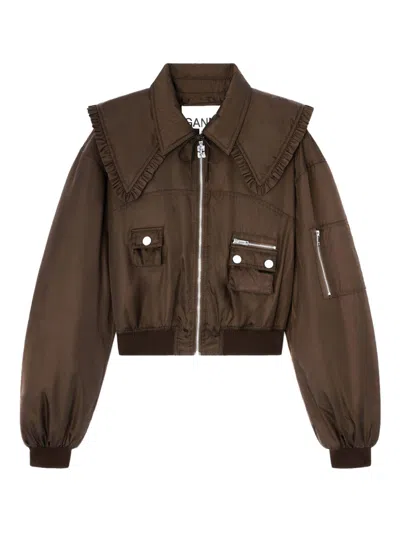 Ganni Technical Fabric Bomber Jacket In Brown