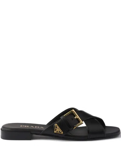 Prada Leather Crisscross Slides With Buckle In Multi