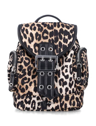 Ganni Mini Leopard Print Drawstring Backpack With Side Zip Pockets In Animal Print