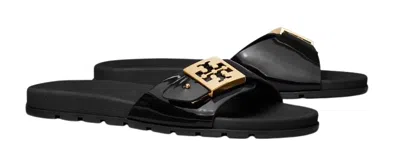 Tory Burch Patent Synthetic Leather Buckle Slide In Black