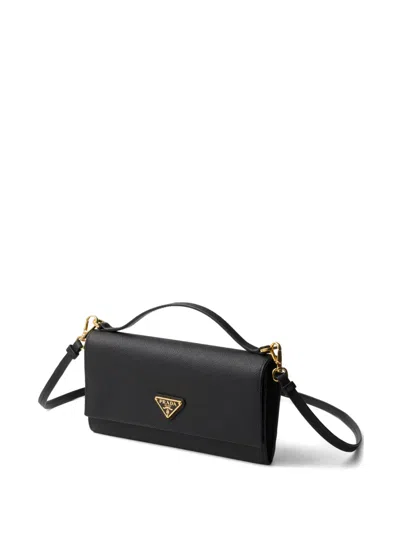 Prada Saffiano-leather Wallet With Shoulder Strap In Black