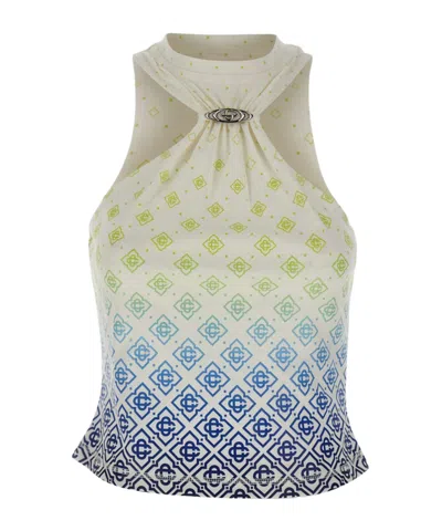 Casablanca Printed Draped Monogram Draped Top In White