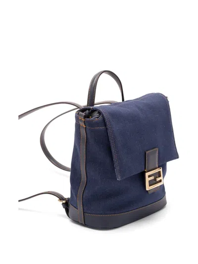 Fendi Ff-plaque Denim Backpack In Blue