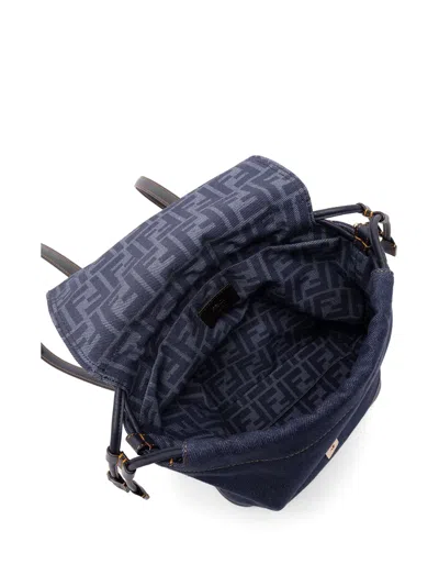 Fendi Ff-plaque Denim Backpack In Blue