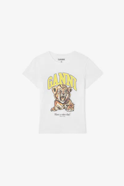 Ganni Organic Cotton T-shirt With Front Print In White