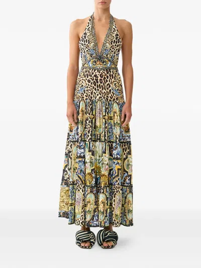 Camilla Halter Jersey Dress With Tiered Skirt Sevillian Style In Multi