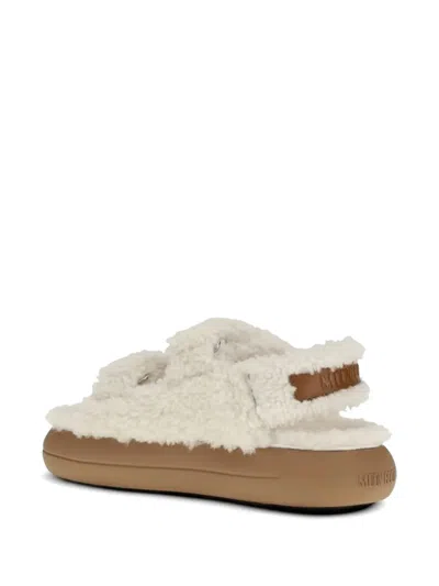 Moon Boot Shearling Sandals Flat Sole Open Toe In White