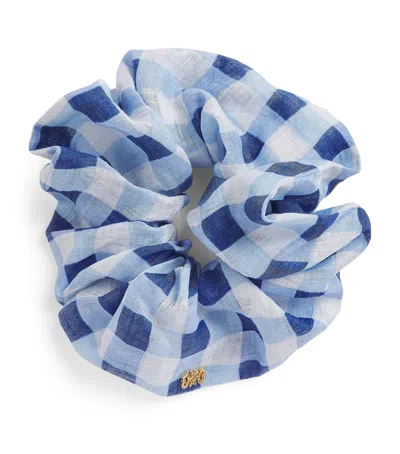 Sandro Paris Linen-blend Gingham Scrunchie In Blue