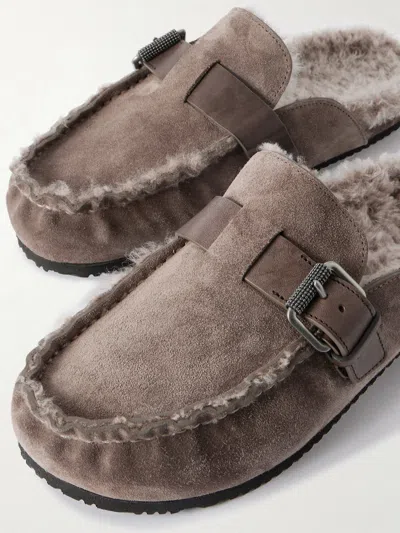 Brunello Cucinelli Buckled Shearling Mules In Multi