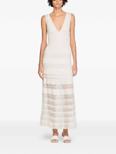 Sandro Womens White V-neck Pointelle Knitted Maxi Dress In Gray