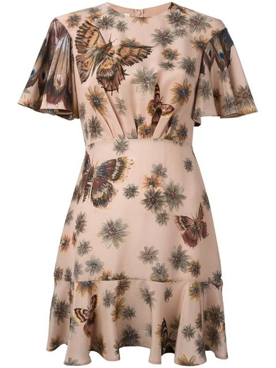 Valentino Butterfly Dress In Floral, Brown, Neutral. In Mariposa Garden