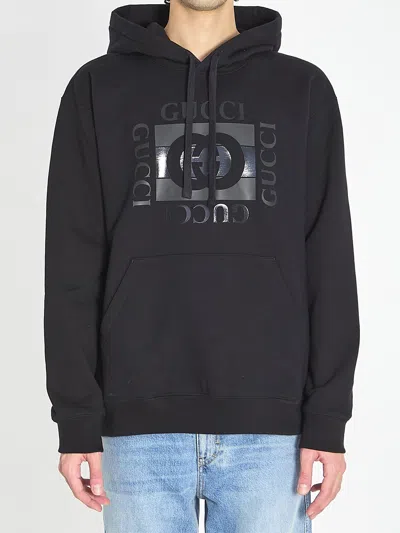 Gucci Men Black Sweatshirt With Hood With Drawstring And Front Logo In Cotton Man In Black