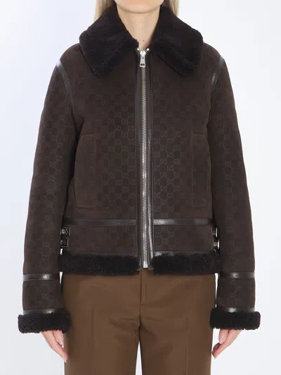 Gucci Women Brown Shearling Jacket With Shearling Trims And All-over Gg Motif In Suede Woman In Brown