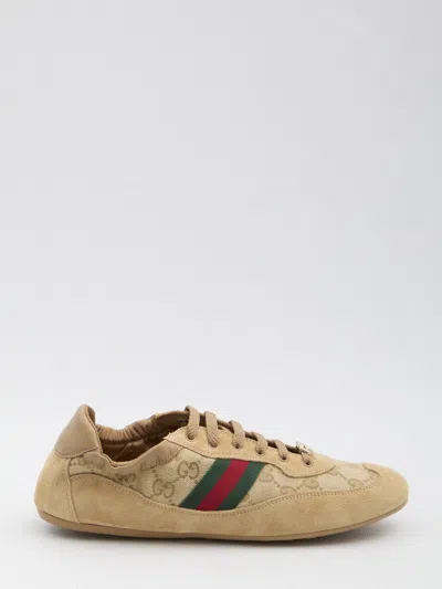 Gucci Women Shift Sneakers In Gg Fabric And Leather In Brown