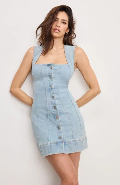 Good American Sleeveless Button-front Power Stretch Denim Mini Dress In Blue