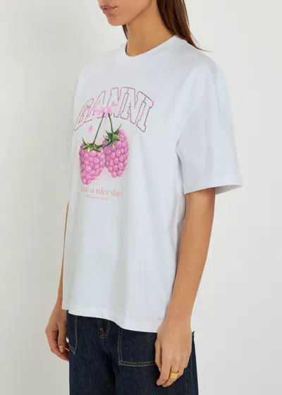 Ganni Raspberry Printed T-shirt In White