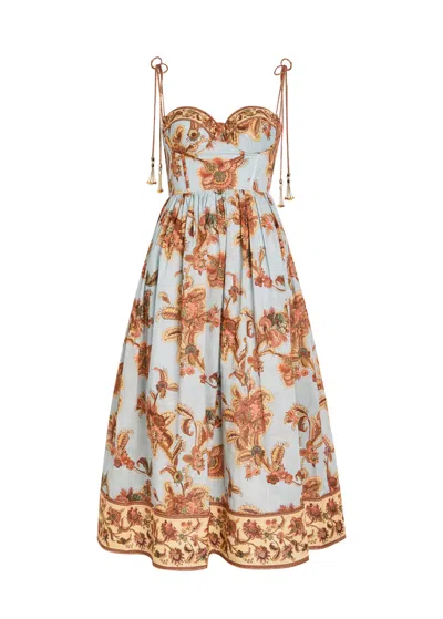 Zimmermann Womens Blue Jacobean Aster Corseted Printed Cotton Midi Dress In Multi