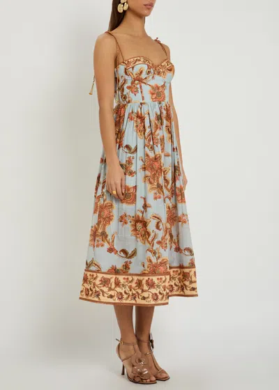 Zimmermann Womens Blue Jacobean Aster Corseted Printed Cotton Midi Dress In Multi