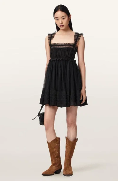 Allsaints Polyester Angela Gathered Frill Mini Dress In Black