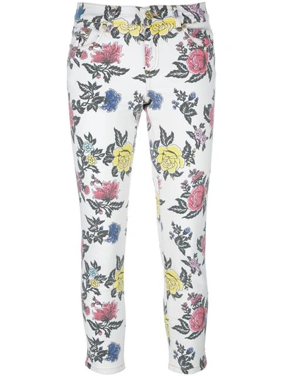 House Of Holland Rose Printed Straight Cotton Denim Jeans In White,multi
