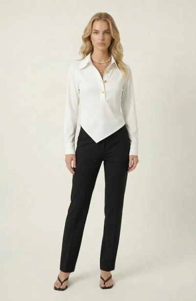 Modenaire Collared Button Front Blouse With Asymmetrical Hem In White