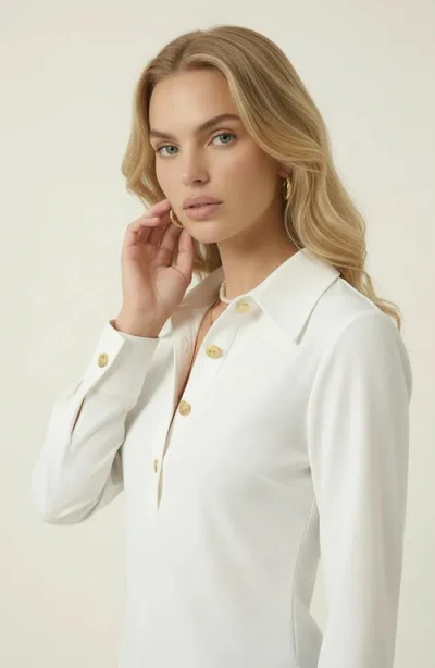 Modenaire Collared Button Front Blouse With Asymmetrical Hem In White