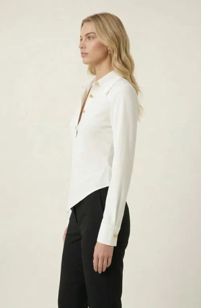 Modenaire Collared Button Front Blouse With Asymmetrical Hem In White