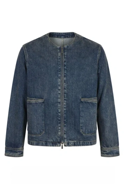 Modenaire Denim Zip Front Patch Pocket Jacket In Blue