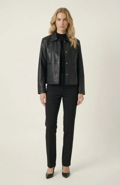 Modenaire Leather Button Front Jacket In Black