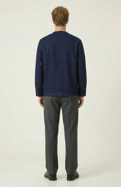 Modenaire Collarless Button Front Utility Pocket Jacket In Blue