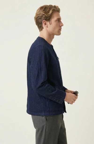 Modenaire Collarless Button Front Utility Pocket Jacket In Blue