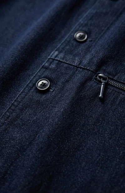 Modenaire Collarless Button Front Utility Pocket Jacket In Blue