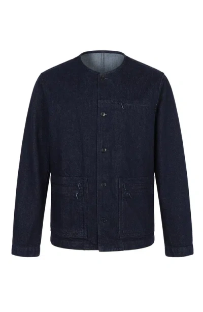 Modenaire Collarless Button Front Utility Pocket Jacket In Blue