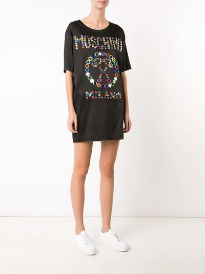 Shop Moschino Mirror Embroidered Logo Dress In Black