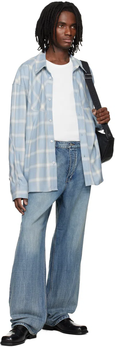 Wooyoungmi Embroidered Jersey Oversize Shirt Check Pattern In Blue