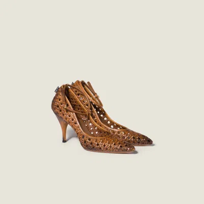 Miu Miu 80 Woven Leather Pointed Pumps In Brown