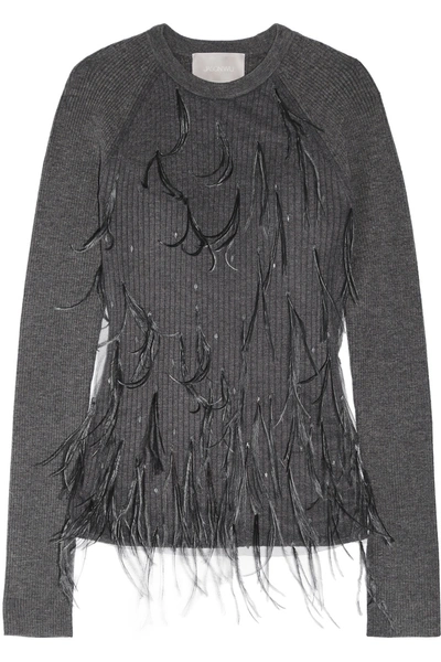 Jason Wu Feather-embellished Tulle And Ribbed Wool-blend Sweater
