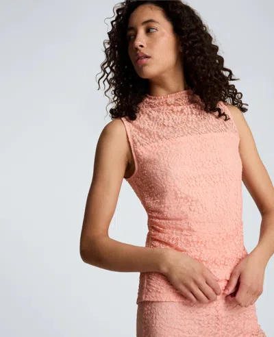 Kenneth Cole Stretch Lace Front Drape Mock Neck Tank In Pink